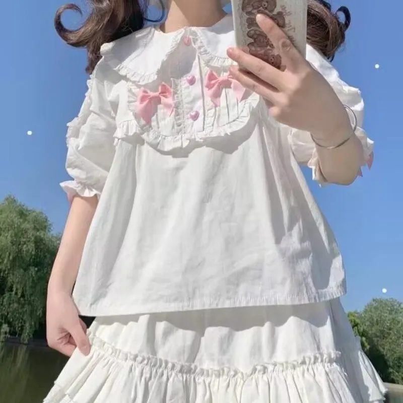 Lolita Style Japanese Sweet Blouses Women Cute Peter Pan Collar Puff Short Sleeve Shirt Summer Pink Bow Kawaii Loose Inside Tops