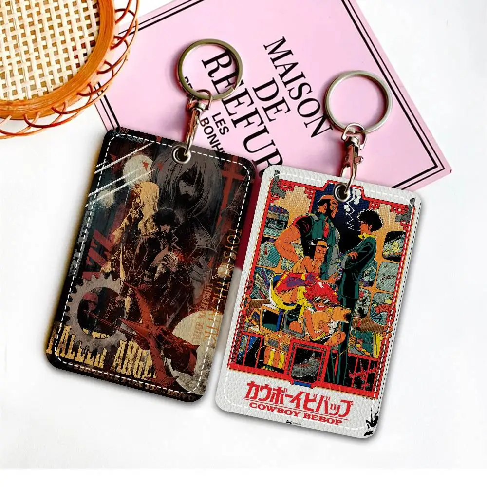 Anime Cowboy Bebop Rectangle ID Card Case Keychain Access Card Bag Key Tag Ring Leather Card Holder Key Ring Access