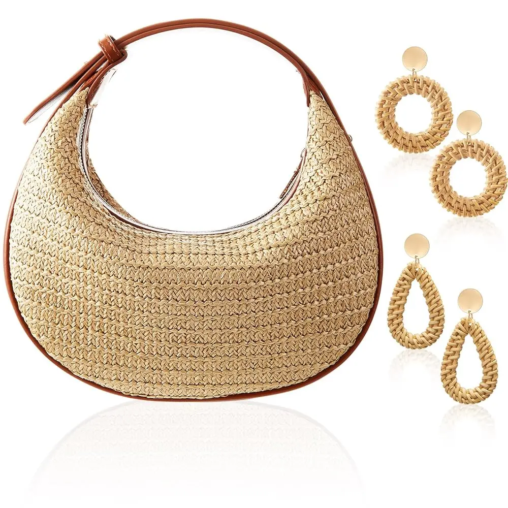 

Сумка-клатч Sweetude Mini Tote с 2 парами ротанговых серег для женщин, сумка через плечо, богемная плетеная сумка-клатч в форме ведра