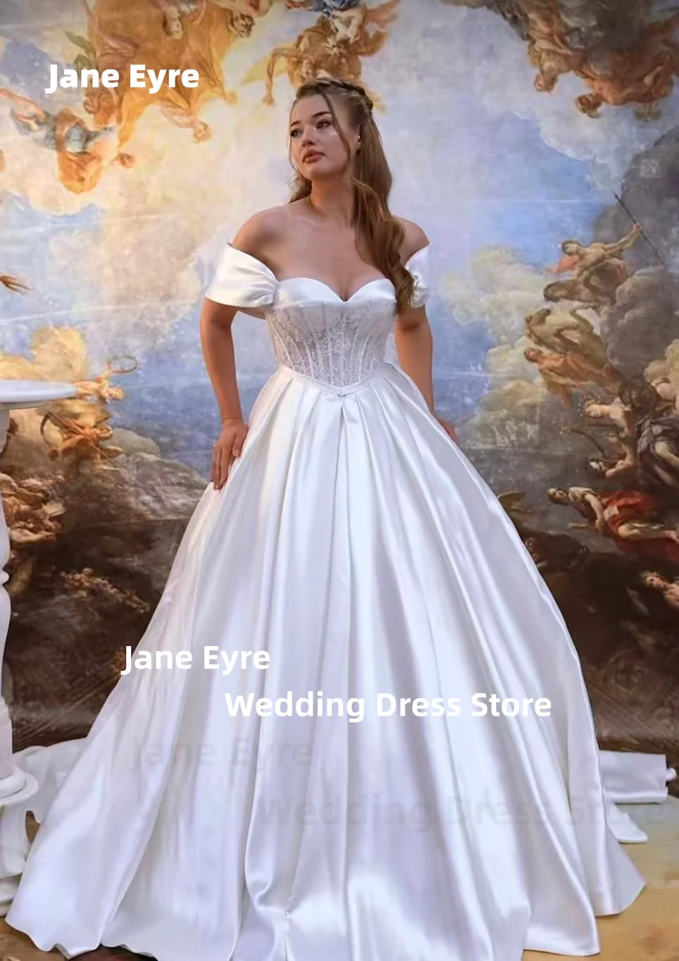 

Jane Eyre Elegant A Line Women's Wedding Dresses Sleeveless Customized Bride Gowns Off Shoulder Sequined Vestido De Novia