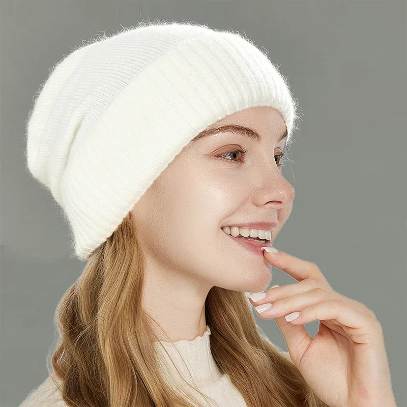 Women's Winter Hat 100% Pure Wool Knitted Satin Line 2 Layer Soft Warm Sleep Cover Beanies Elastic Fashion Slouchy SKi Cap Men
