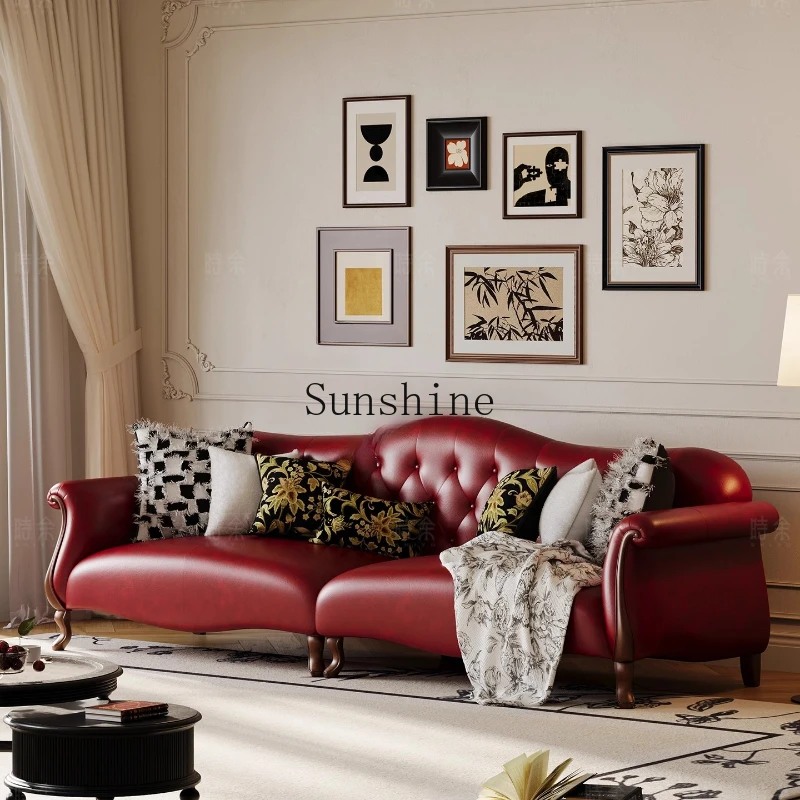 

Sofa solid wood straight row balcony retro oil wax leather French living room combination three people