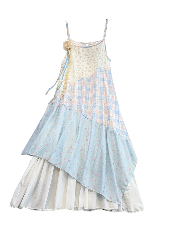 Vestido ter Floral F Novo de Verão com Design Assimétrico Estilo Coreano Material io Saia Midi de Cintura Alta