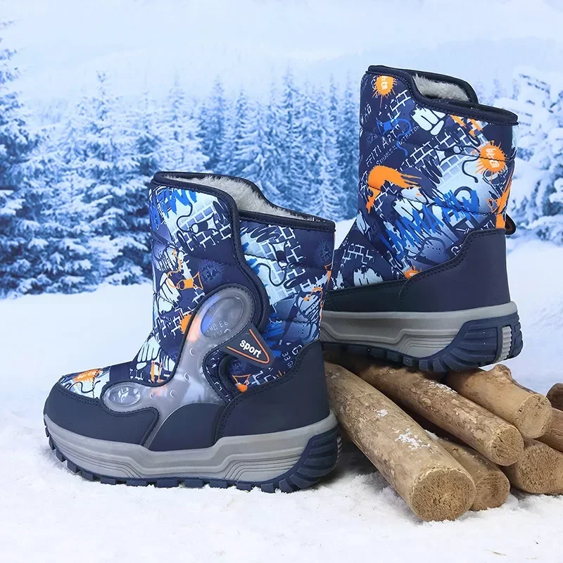 Children Snow Boots Winter Boys Warm Shoes Plush Booties Kids Outdoors Size 31-39# Blue,Black,Gray, From 5 to 9Y B223