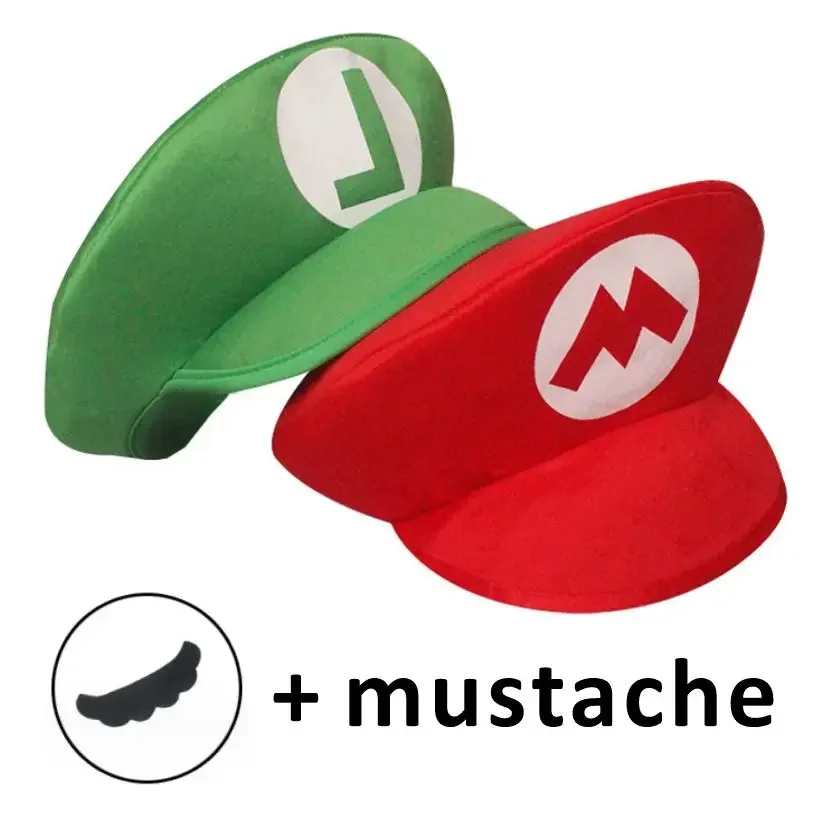 

Super Odyssey Bros Funny Red Green Cap Cosplay Cartoon Hats with Moustache Halloween Kids Hats Costumes Figure Birthday Gifts