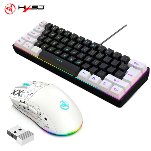 Imagen 2 del producto HXSJ-60% Juego de teclado y ratón retroiluminado RGB, teclado con cable de 61 teclas, ratón inalámbrico óptico para juegos de 3 modos para ordenador portátil y PC