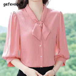 Elegant Solid Chiffon Shirt Three Quarter Sleeved Summer New Style Office Lady Bow V-Neck Striped Print Patchwork Button Blouse