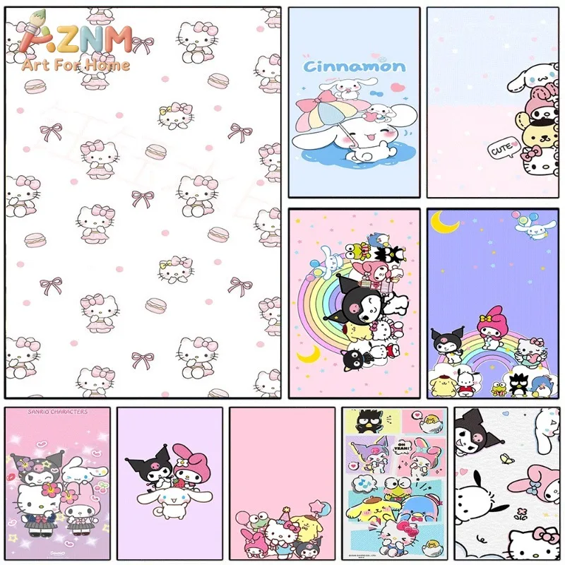 Sanrio Cute Cartoon Poster Hello Kitty Kuromi Cinnamoroll Rainbow Bow Macaron Pastel Canvas Wall Art No Frame Girls Room Decor