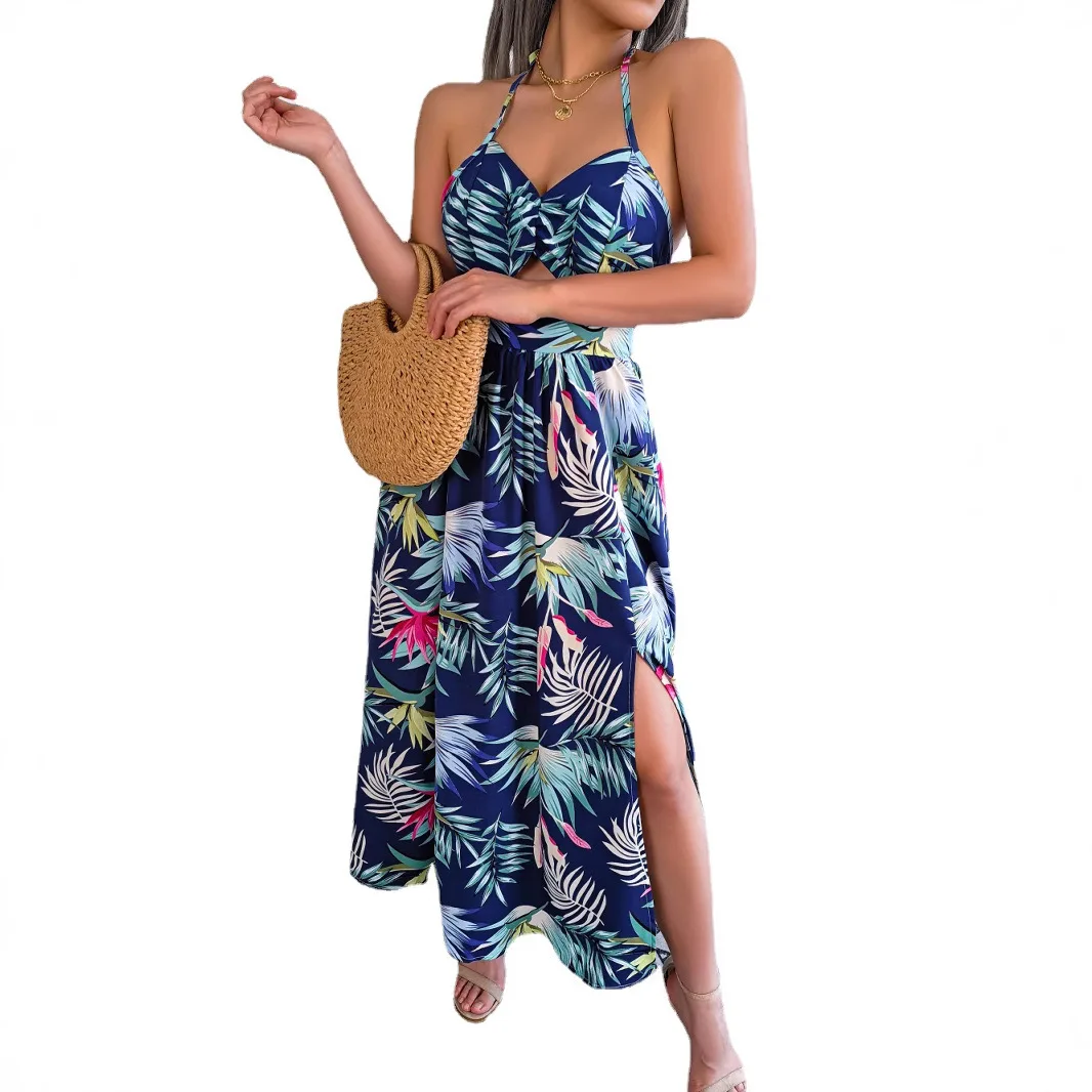 

2025 Dress Women Elegant Fashion Beautiful Women's Dresses Party Floral Sleeveless Hollow-Out Halter Long Holiday Beach Dresses