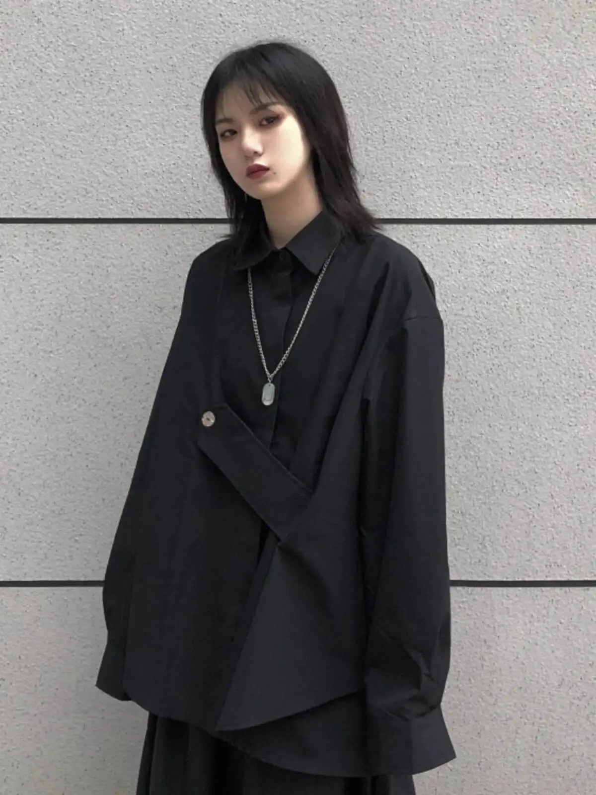 Women's Dark Japanese Irregular Shirts Spring Autumn Loose Slimming Long Sleeve Black Blouse Niche Stylish Design Top