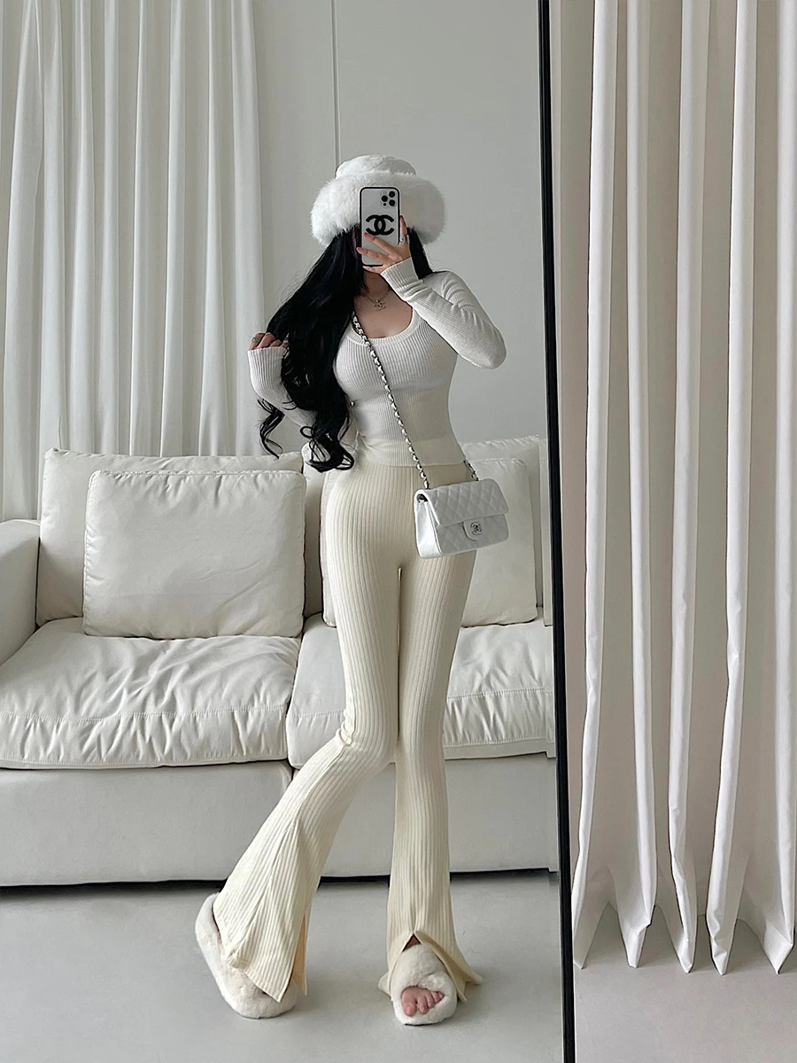 European and American Style Ladies High -waist Tight Pants Show Thin Flared Pants Split Legs Long Knitted Casual Pants Mopped Tr