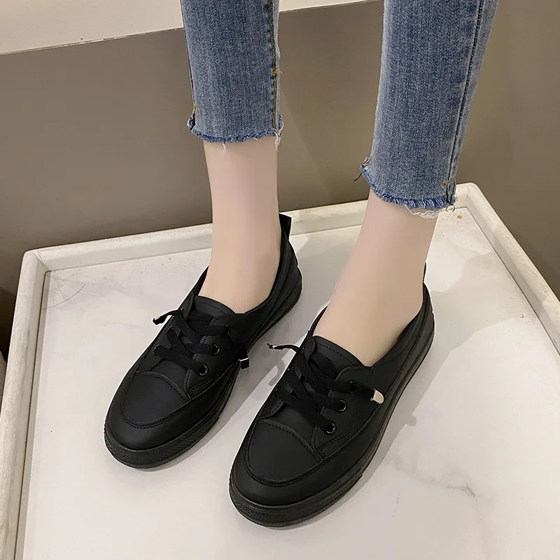 Women\'s Casual Shoes Solid Lace Up Sneakers PU Leather Vulcanized Shoes Ladies Lightweight Soft Sole Flat Shoes Slip on Loafers