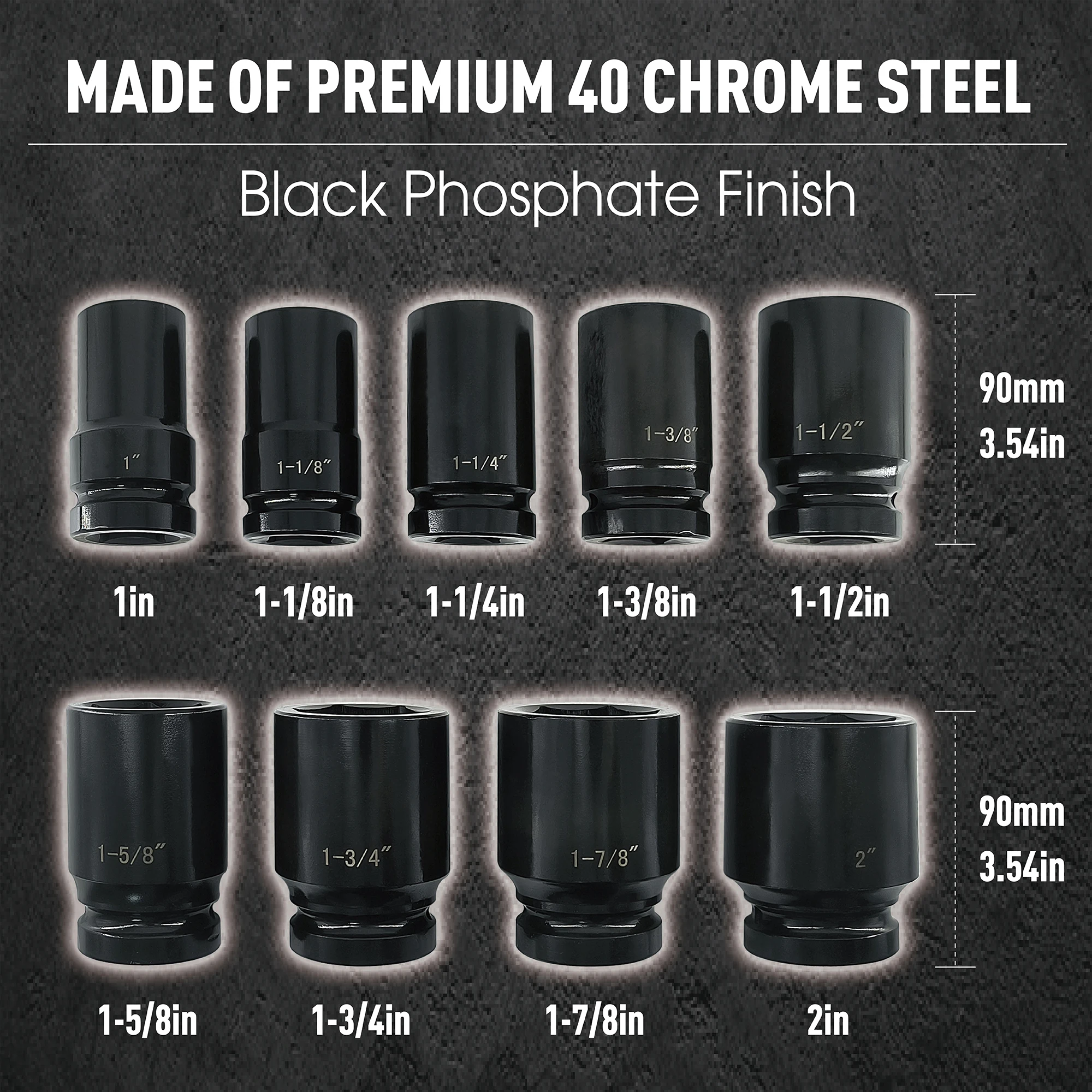 1 Inch Drive Deep Impact Socket Set, 9 Pieces Jumbo Impact Socket Sets, SAE 1" to 2", Chrome Steel, 6-Point Design, Metal Case