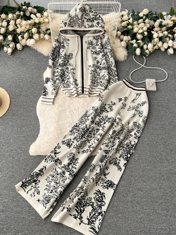 Leisure Fashion Sports Set Age Reducing Knit Shirt 2 Piece For Women\'s High-end Grade Printed Hooded Sweater+ Wide Leg Long Pant