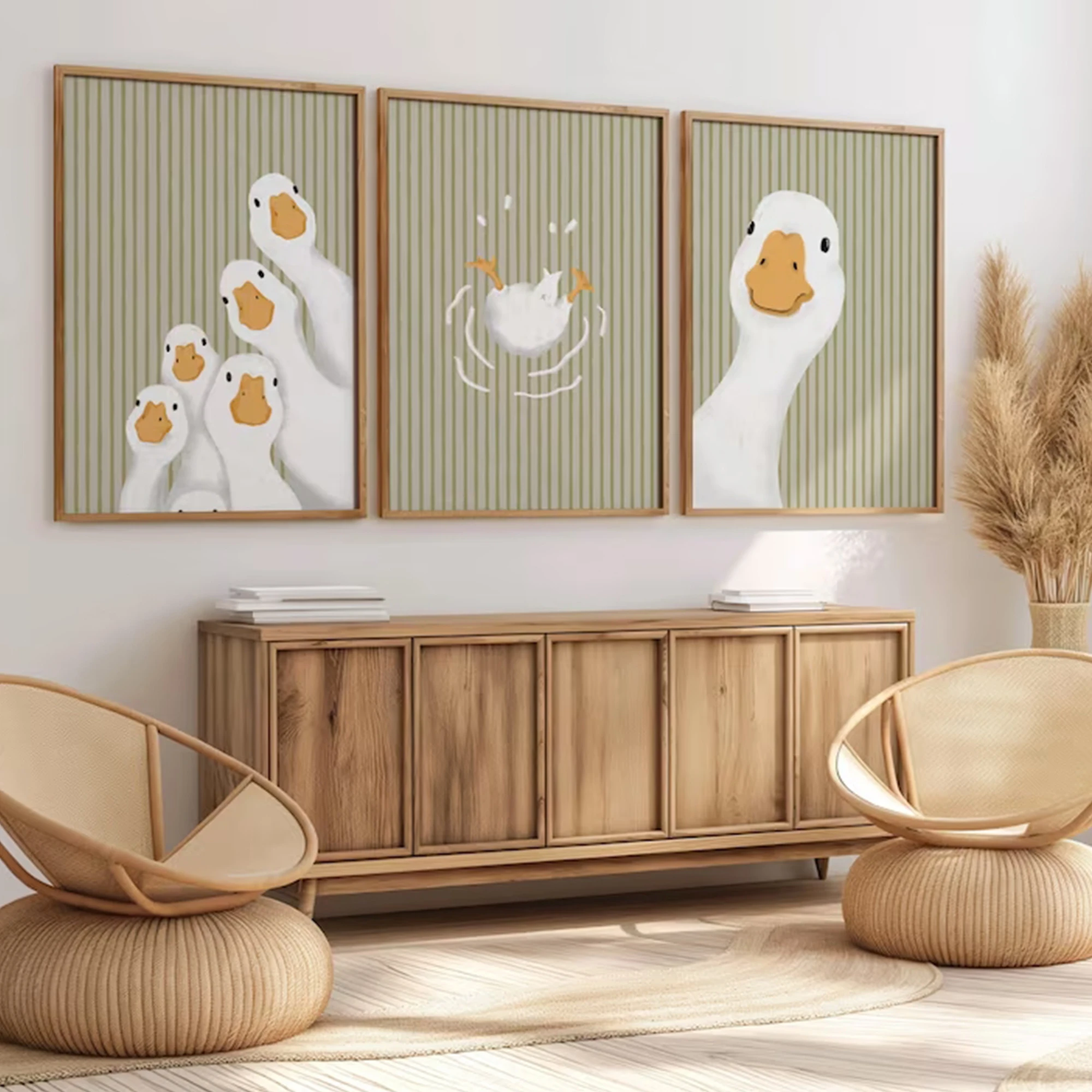 Cute White Duck Canvas Wall Art Set of 3, Boho Green Stripes Poster, Nordic Home Decor for Living Room Bedroom Wall Painting