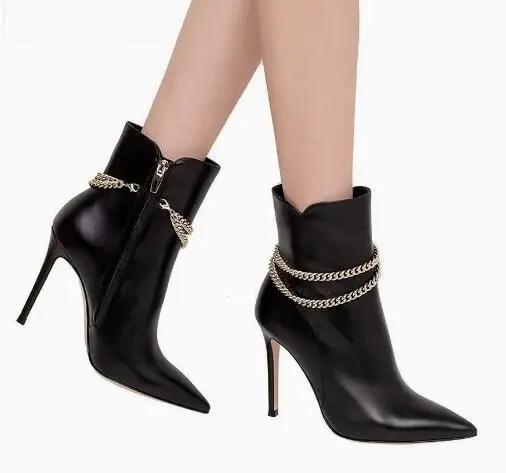Autumn Black Matte Leather Gold Chain Zipper Side Ankle Boots Women Fashion Pointed Toe Thin Heels Short Booties Modern Boots