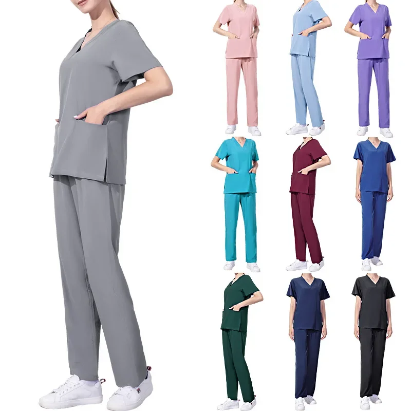 

Solid Color Women Surgical Gown Pocket V-neck Scrubs Sets For Women Joggers Wholesale Fashion Scrubs Suits Hospital Uniform Sets