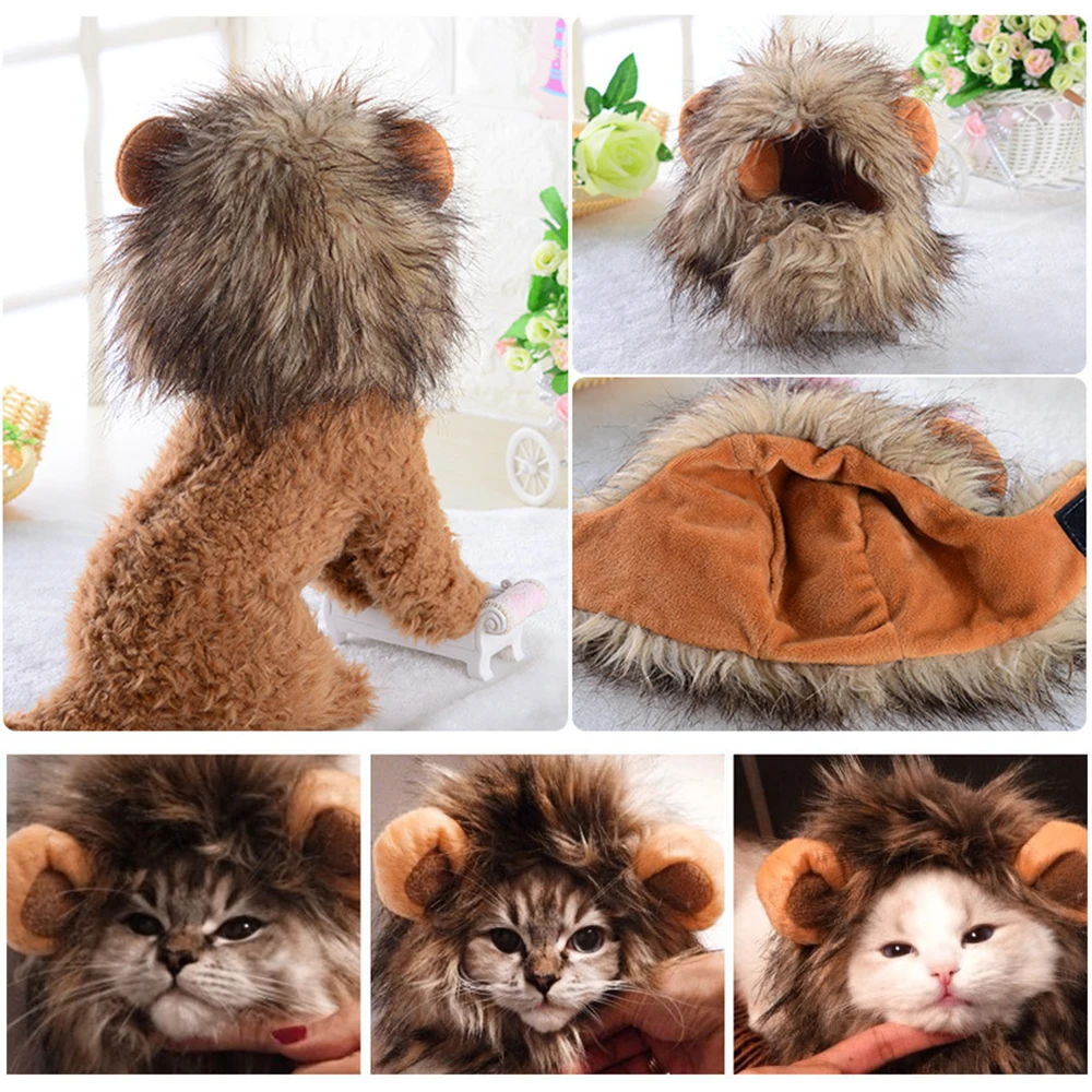 Cat Lion Wig Funny Costume Puppy Halloween Cosplay Dress Up Clothes Cute Pet Hat For Small Dog Kitten Party Accessories