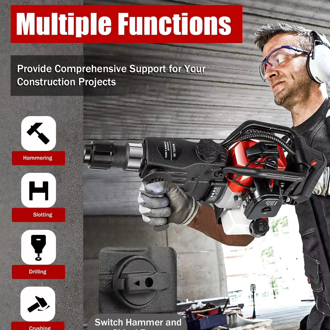 2 Stroke 1000W Demolition Jack Hammer 33CC Air Cooling Hammer Drilling Machine Handle 5300rpm Electric Hammer For Work