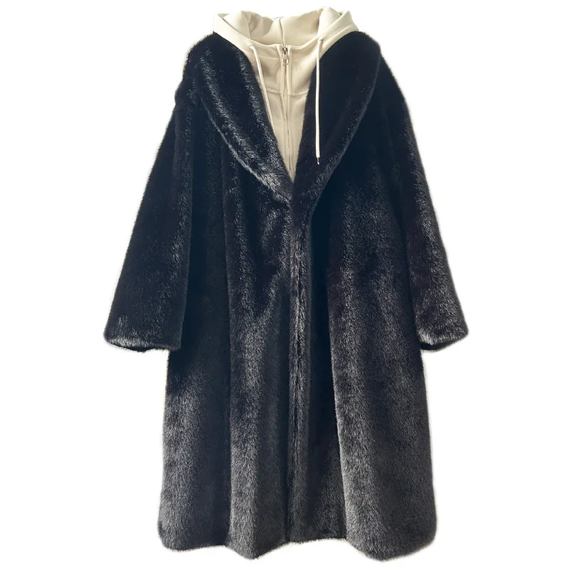 Green fruit collar black extended mink plush coat 2024 European and American popular fashion large size women's thick clothing