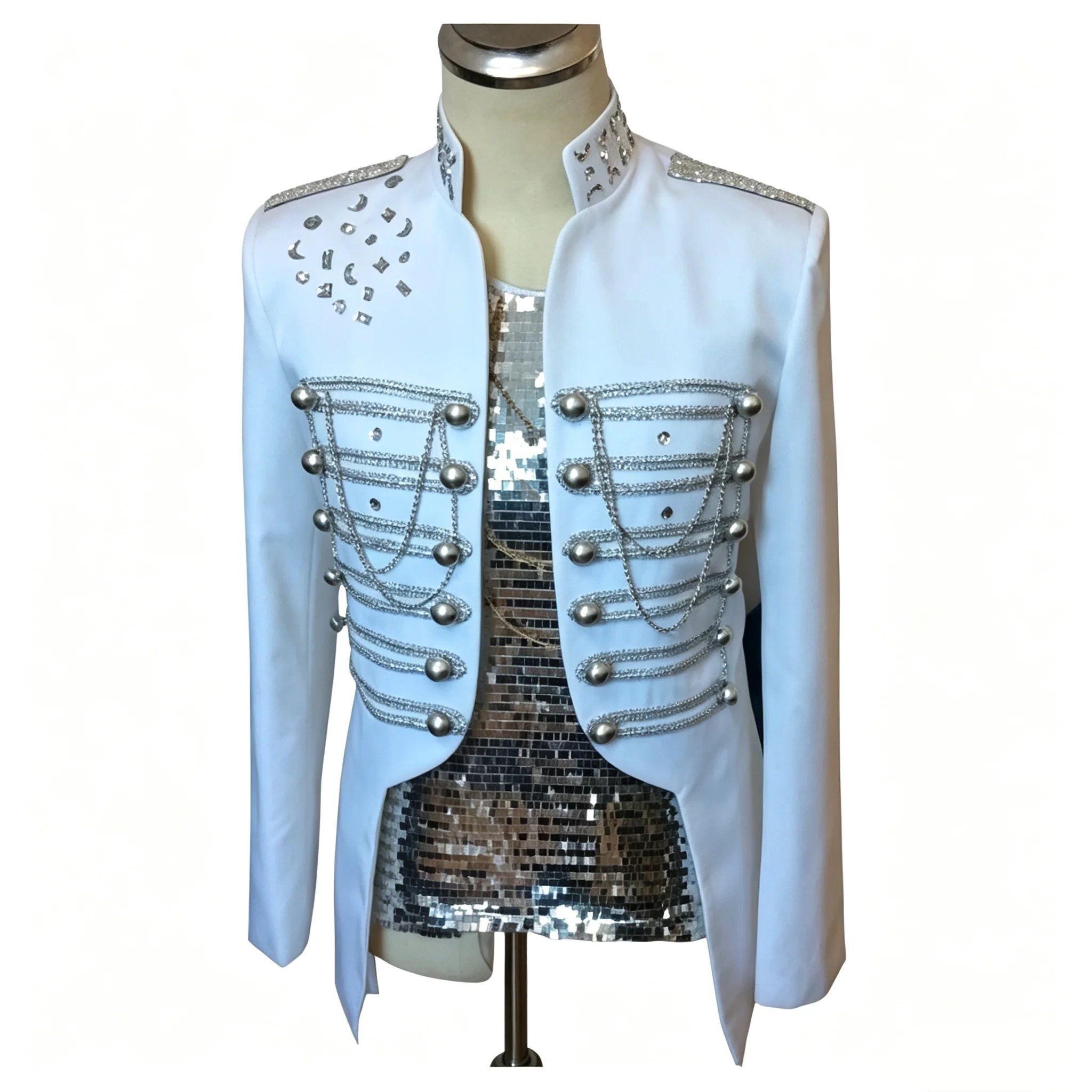 Male and Female Performance Jacket White Slim Fit Military Blazer with Silver Chain and Rivet Ornament for Party Live Show