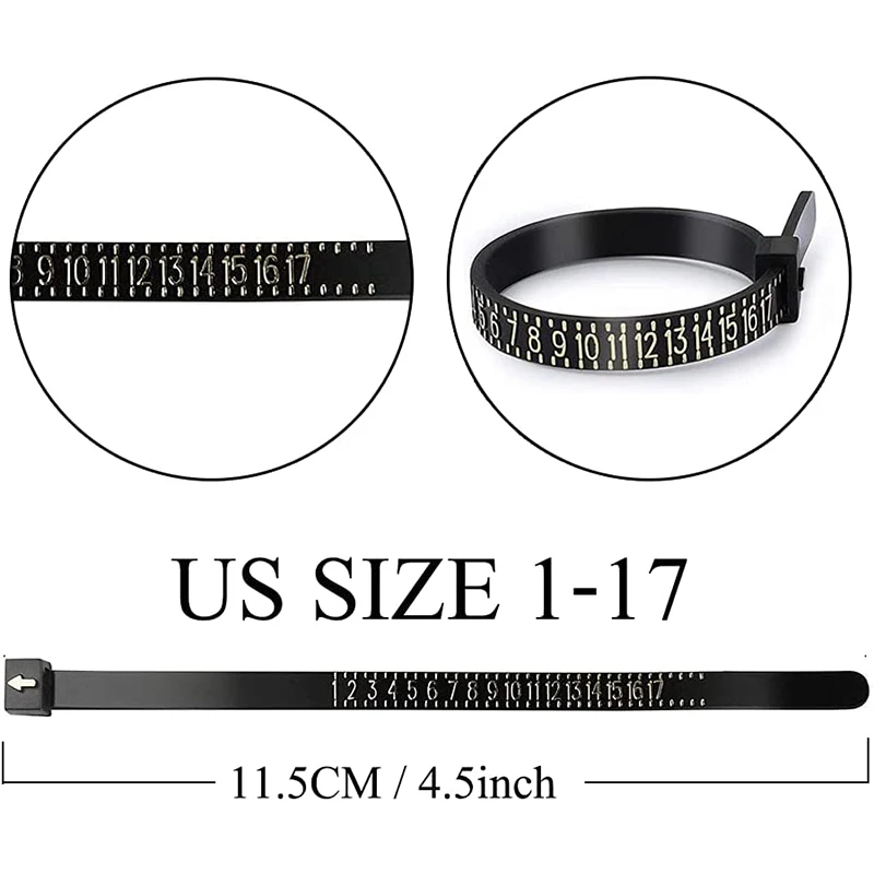2Pcs Black US UK Ring Sizer Measuring Tool Plastic Reusable Finger Size Gauge Measure Belt for Measuring Wedding Rings