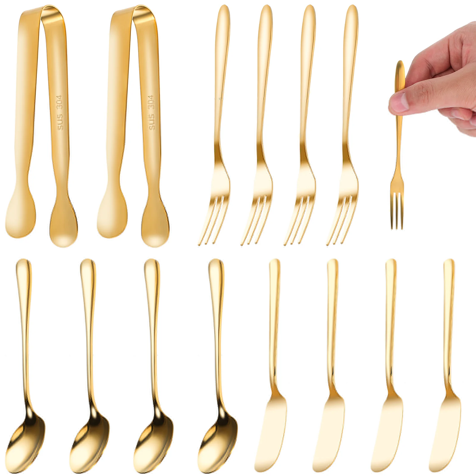 

14 Piece Coffee Spoon Sugar Tongs Set Golden Stainless Steel Serving Forks Fruit Salad Butter Spreader Mini Tongs Baking Tools