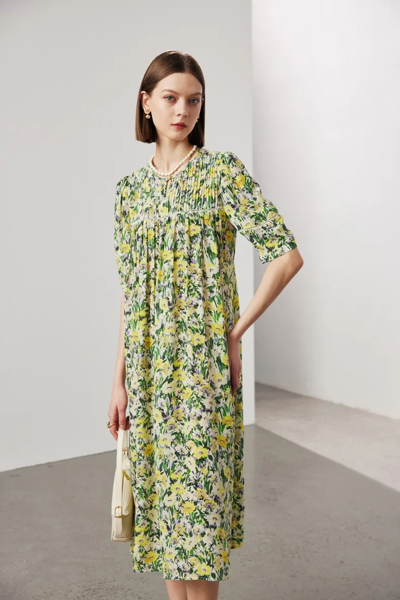 100% 天然シルクの女性のドレス O ネック半袖花柄プリントシャーリングハイストリートファッション Vestidos