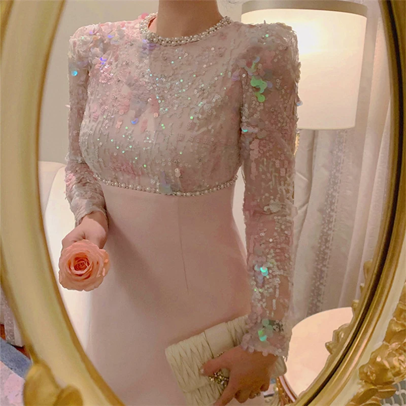 Luxe Pailletten Geborduurde Flares Jurken Lente Vrouwen Lange Mouwen Slanke Mini Jurk Nieuwe Zomer Hoge Taille Roze Een Lijn Korte Jurk