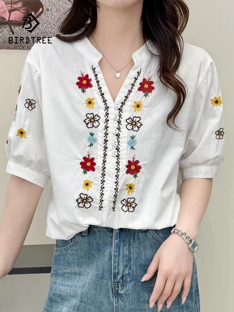 

New 2025 Summer Cotton Short Sleeve Shirt, Women V Neck Embroidery, Mori Girl Vintage Ethnic Style Casual Loose Blouse T55771CC