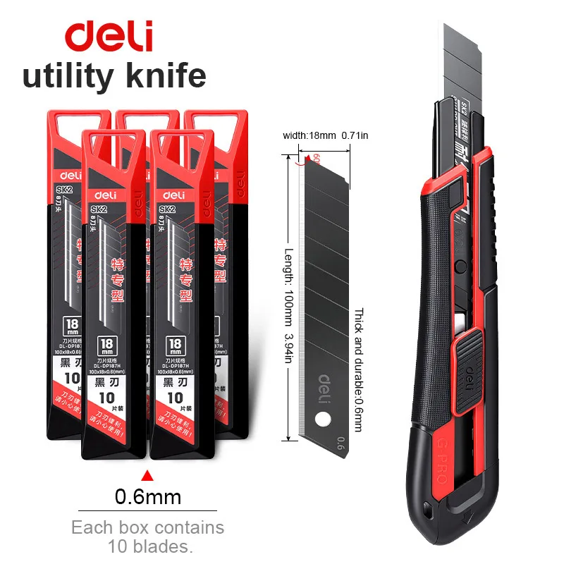 Pro Heavy Duty 18mm Utilitymes SK2 Zwarte Lemmet 0,6mm Dik 60 Graden Punt Plastic Handvat + Lemmetset Snijgereedschap Gereedschapskist