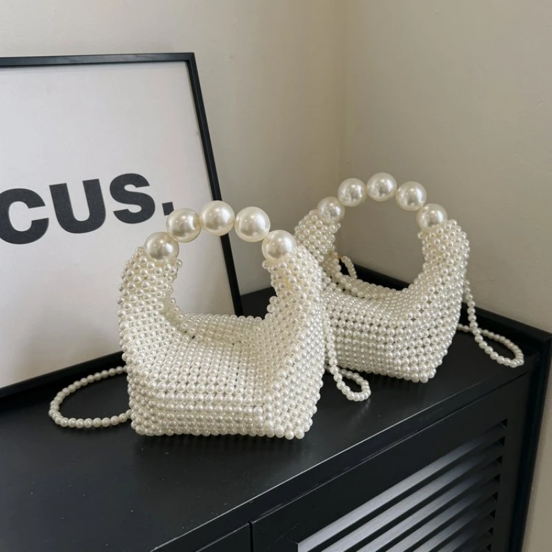 

Плетеные сумки-тоут из бисера для женщин, жемчужные мини-кошельки и сумки, женские вечерние сумки через плечо, праздничный кошелек