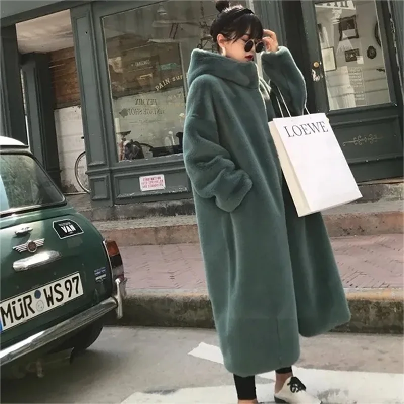Winter Imitation Mink Velvet Overcoat 2025 New Faux Fur Coats Parkas Women Thick Loose Warm Outwear Plush Hooded Jacket Female
