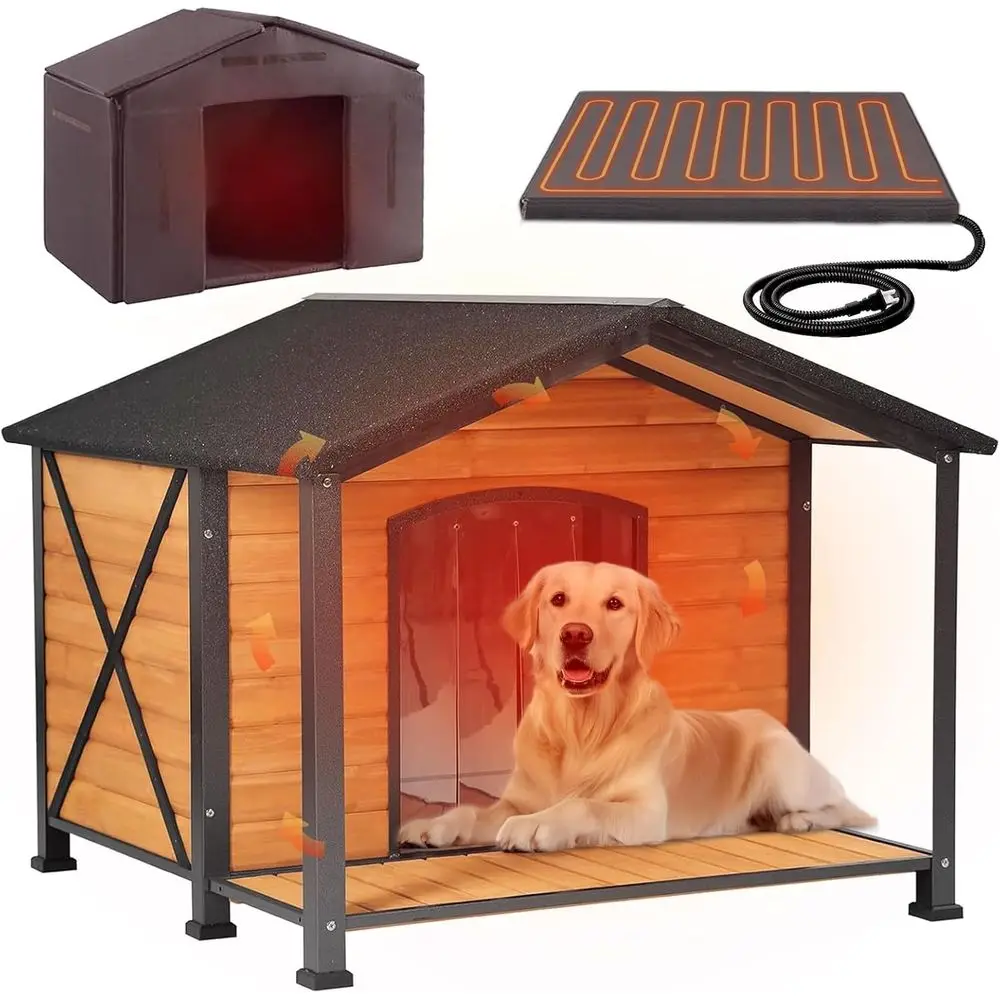 

Большой изолированный уличный домик для собак с металлическим каркасом и подогревом для зимнего использования