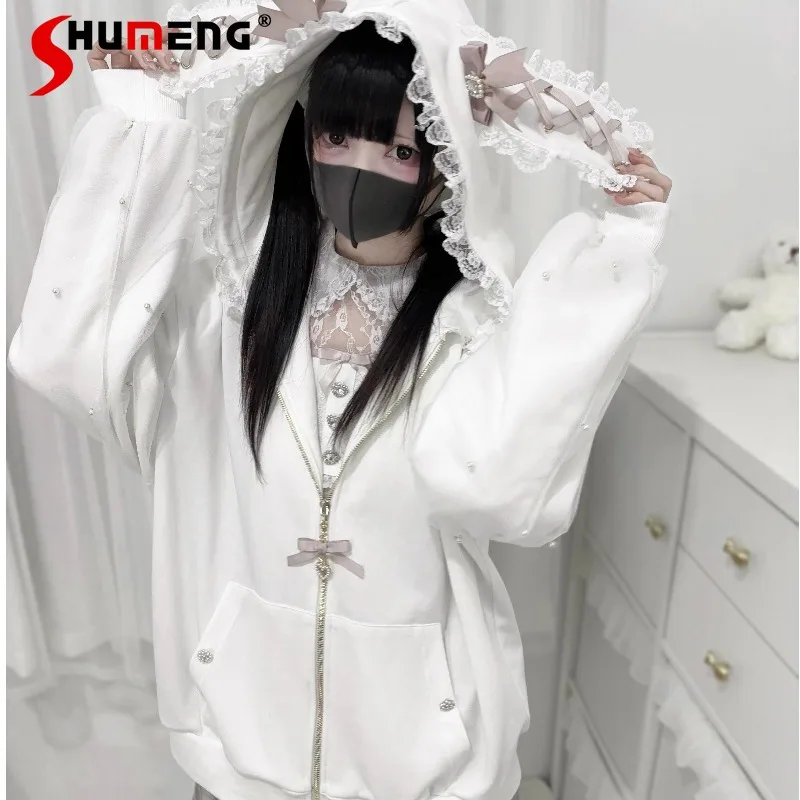 Autumn New Japanese Rojita Cartoon Rabbit Ear Hooded Bow Pearl Decorative Long-sleeved Jacket Mass-produced Mine Series Top Coat