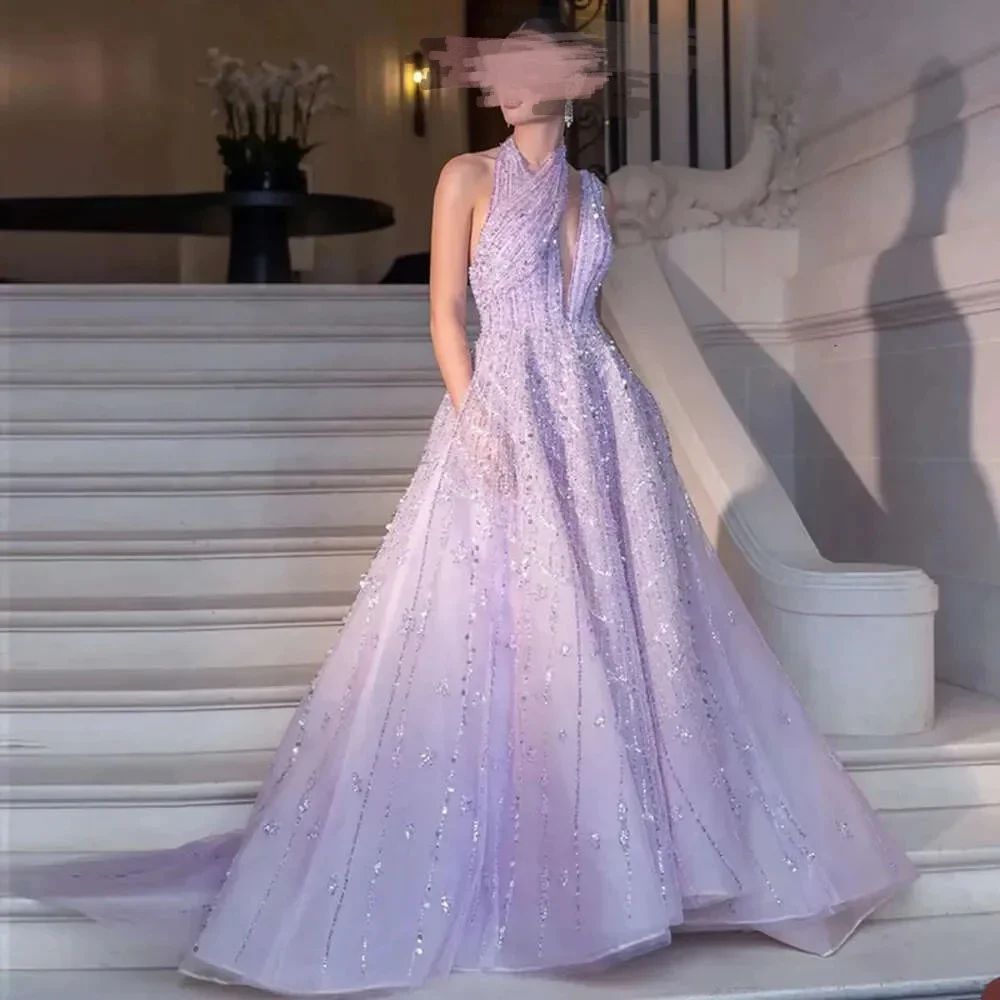 

Customized Elegant Purple Dresses A-line V-Neck Tulle Beaded Backless Evening Gowns Formal Evening Party Prom Dresses 2025