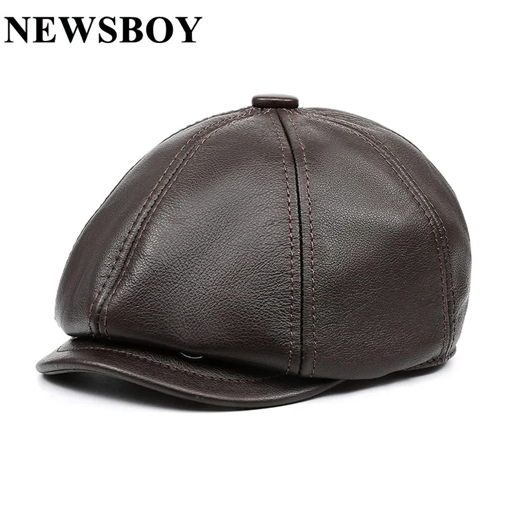 

NEWSBOY Cap Genuine Leather Dark Brown Winter Men Real Leather Beret Cowskin Flat Caps Vintage Autumn New Male Octagonal Hat