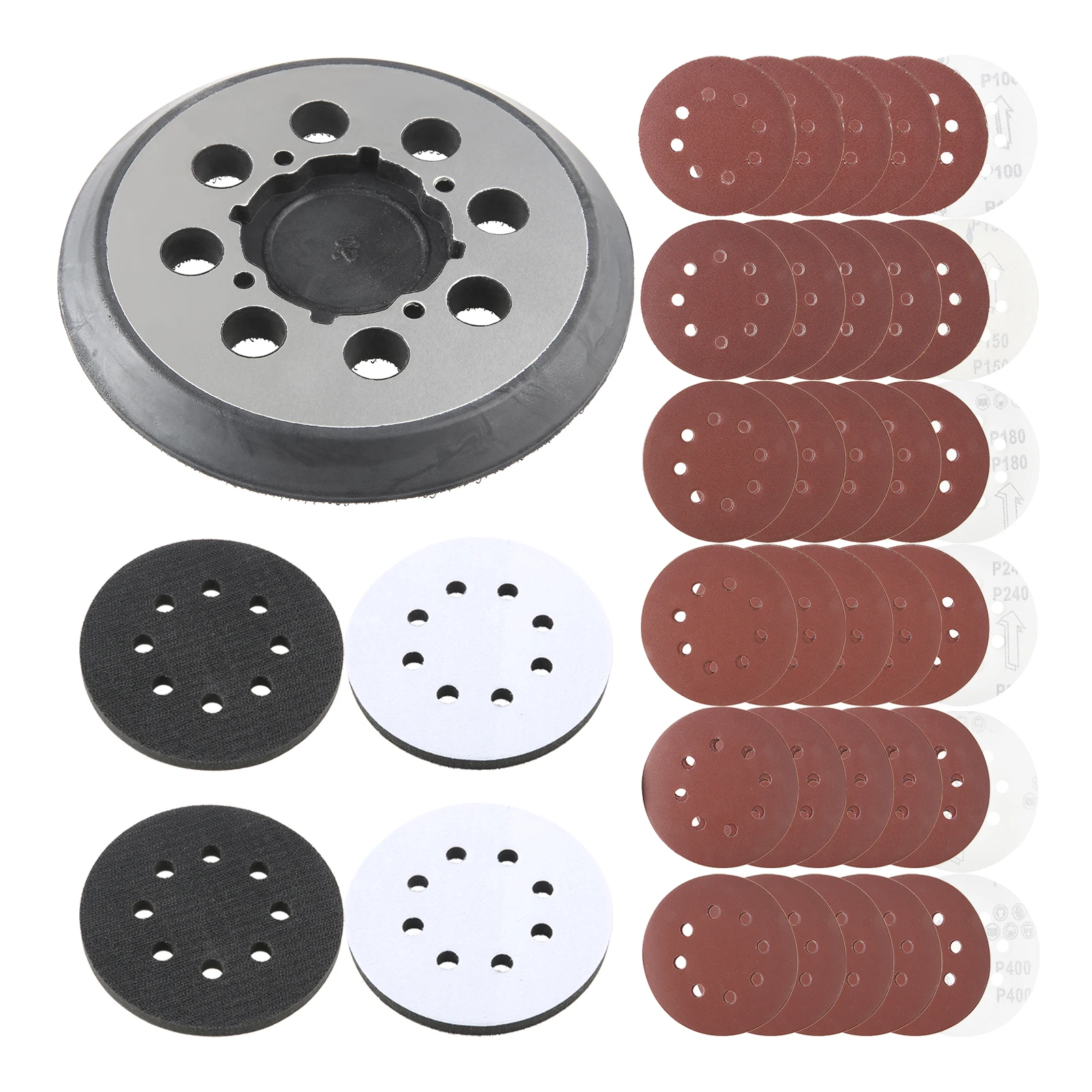 5 Inch 8 Holes Hook Loop Sander Metal Pad with 4 PCS Foam Interface Pads and 36 PCS Sanding Discs 100 150 180 240 320 400 Grit