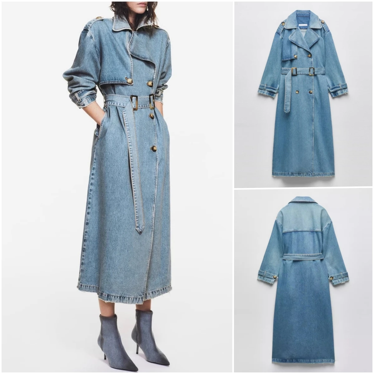 

Осенняя новинка, повседневная двубортная длинная джинсовая ветровка в стиле ретро, длинный костюм из полиэфирного волокна, длинное пальто све