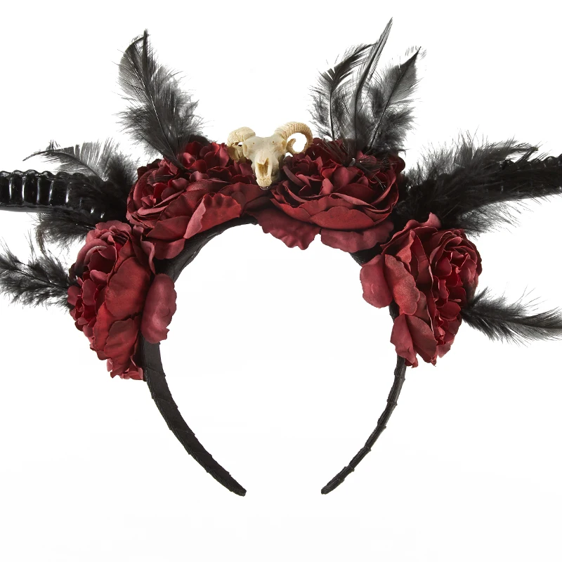 Gótico feminino dia das bruxas antílope longo chifre cosplay headpiece artesanal flor do vintage esqueleto retro bandana adereços festa facny dr
