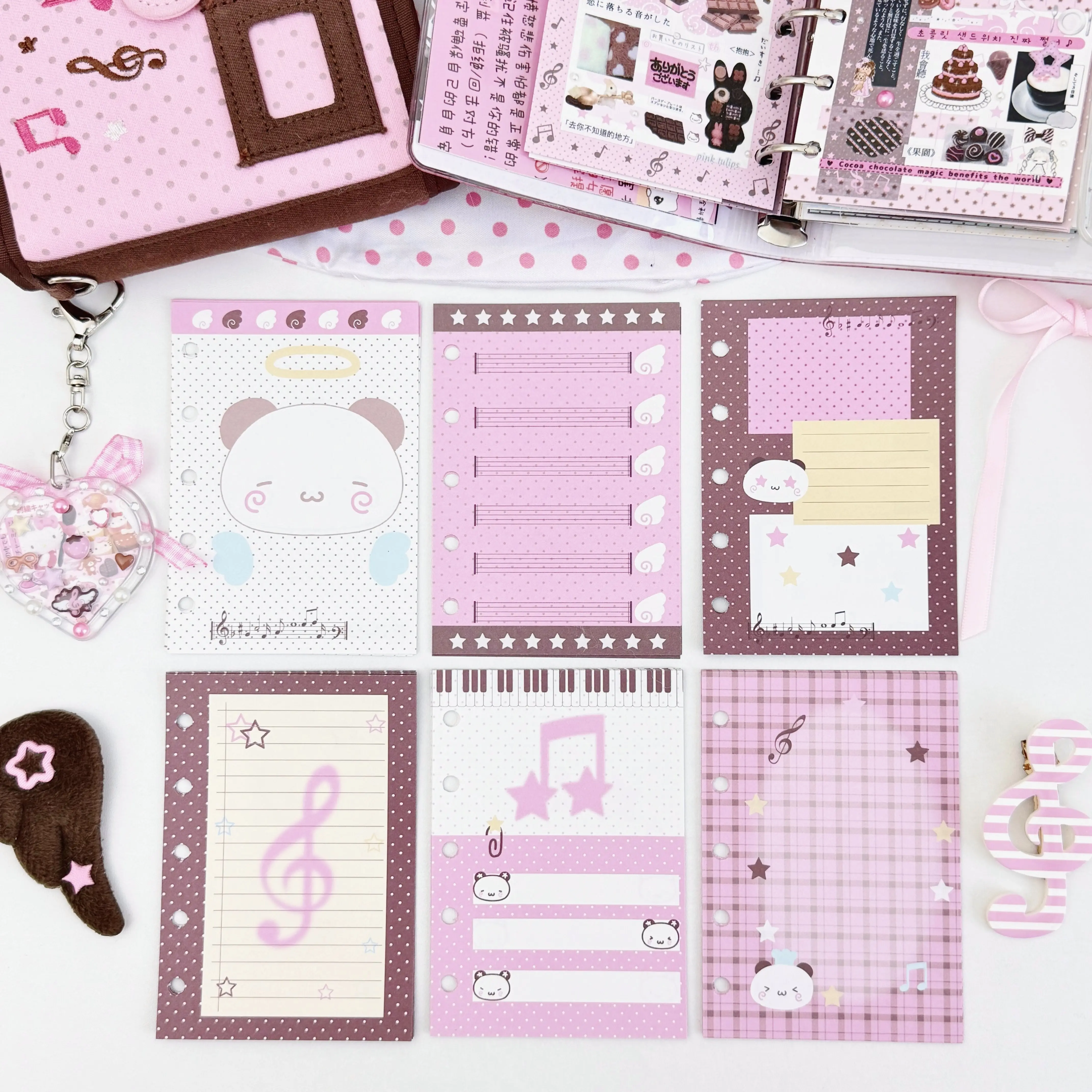M5 Planner Inserts Cute Pink Brown Panda Music Note Theme 60pcs Prepunched Hole Refill Paper for Journal Pages Ring Binder