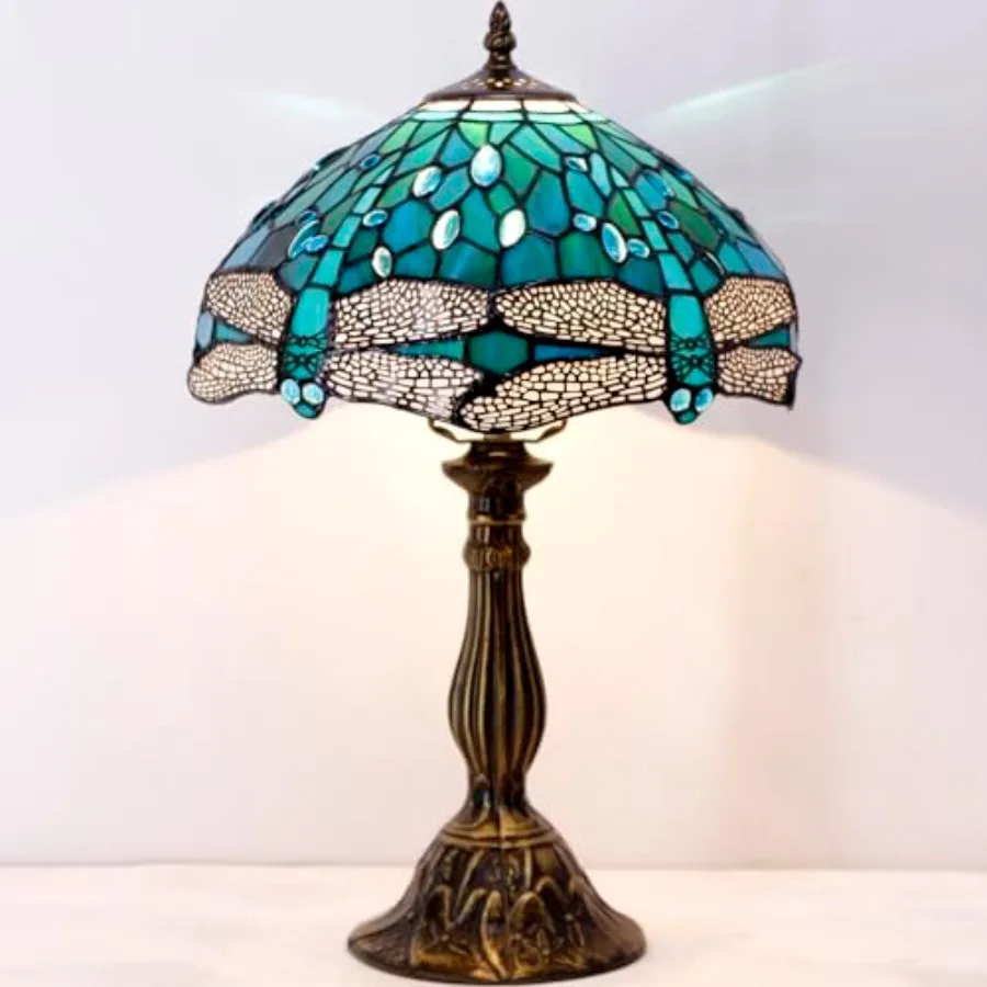 الأخضر والأزرق الزجاج الملون اليعسوب نمط الجدول مصباح لغرفة النوم غرفة المعيشة ديكور المنزل مكتب 12X12X18 بوصة مكتب مثالي إعادة #4