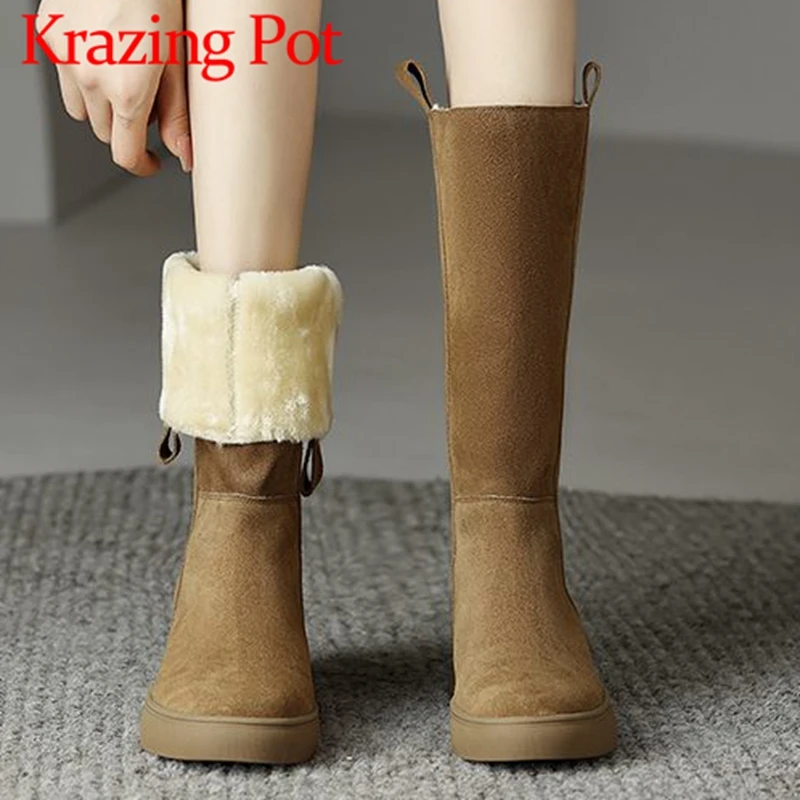 Krazing Pot 2024 Cow Suede Round Toe Low Heels Flat With Snow Boots Keep Warm Daily Wear Kpop Style Slip on Thigh High Boots