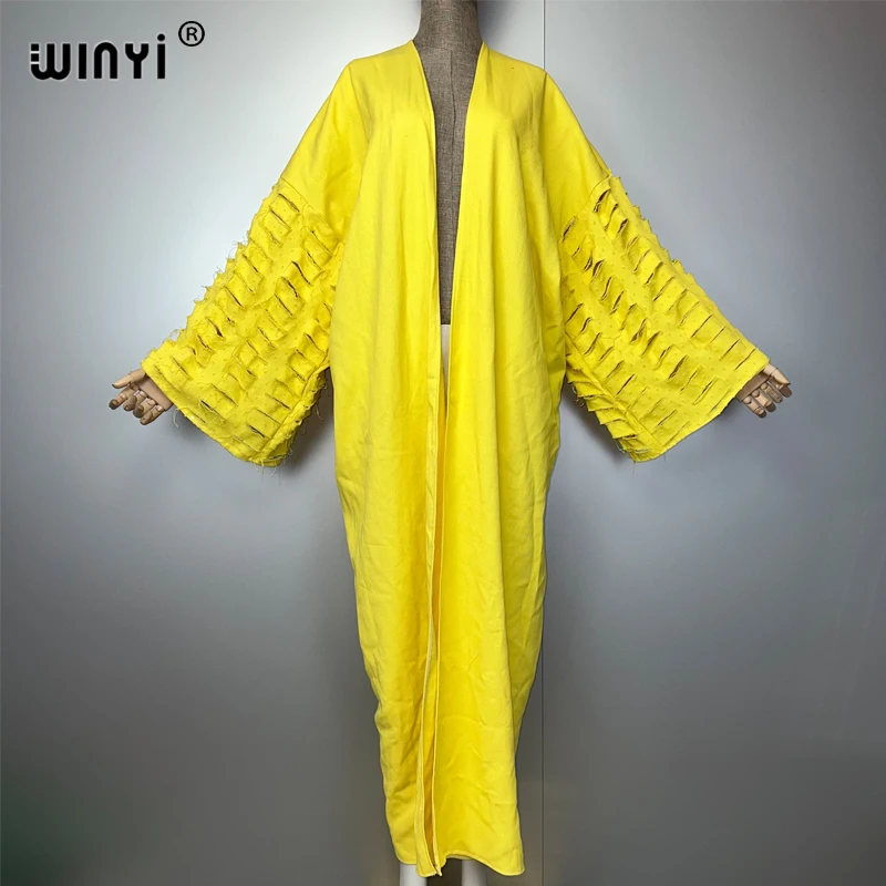 WINYI nuevo abrigo maxi kimono para mujer, abrigo con agujeros, cárdigan vaquero, abrigo largo para cubrir, trajes de playa para mujer, abaya de lujo de Dubái