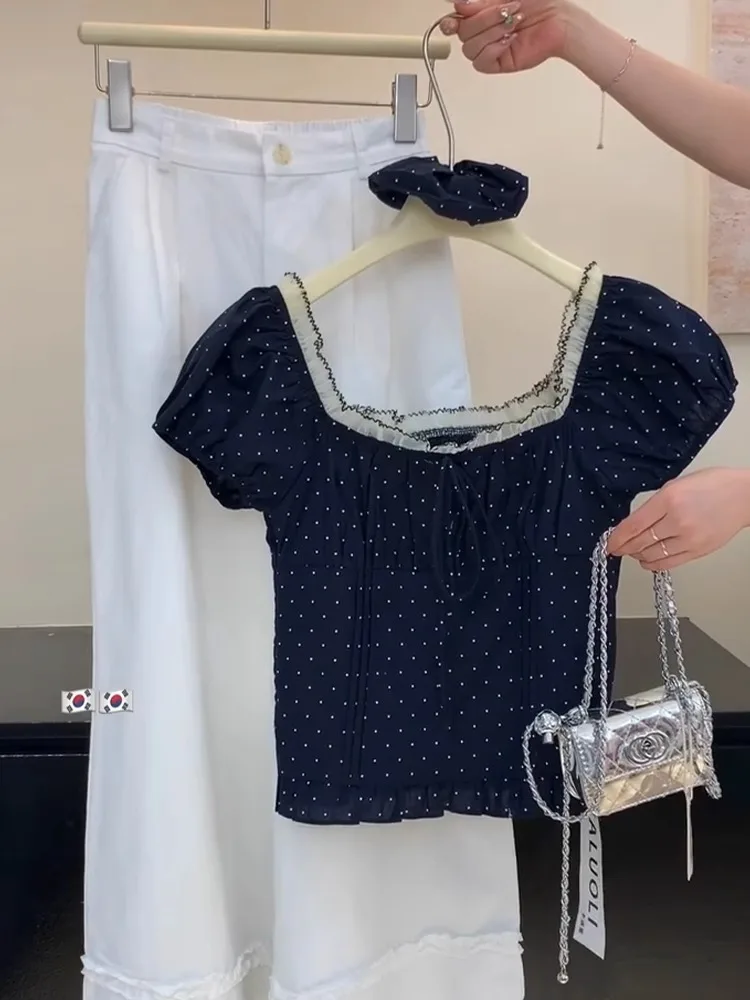 

Korean Style Polka Dot Bubble Sleeve Square Collar Short Shirt Women Summer Slimming Petite Elegant Spicy Shoulder Bared Top