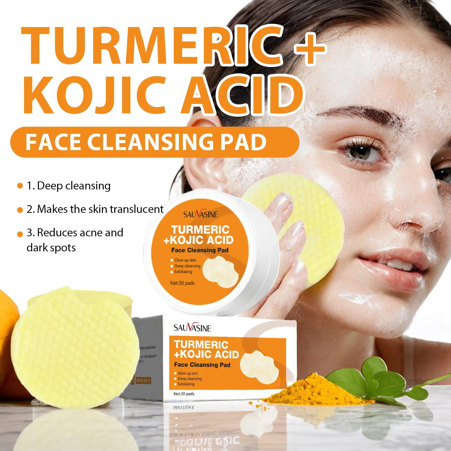 30 PCS Turmeric Kojic Facial Cleansing Pads Deep Cleansing Exfoliating Portable Clogged Pores Excess Oil Dirt Dead Skin Cells