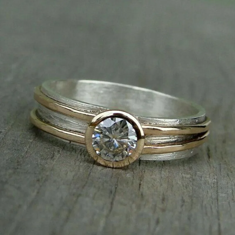 Vintage-Ring für Damen mit eingelegten weißen CZ-Steinen, ethnische zweifarbige Geometrie, für den täglichen Gebrauch, Partyschmuck, Jubiläumsgeschenk