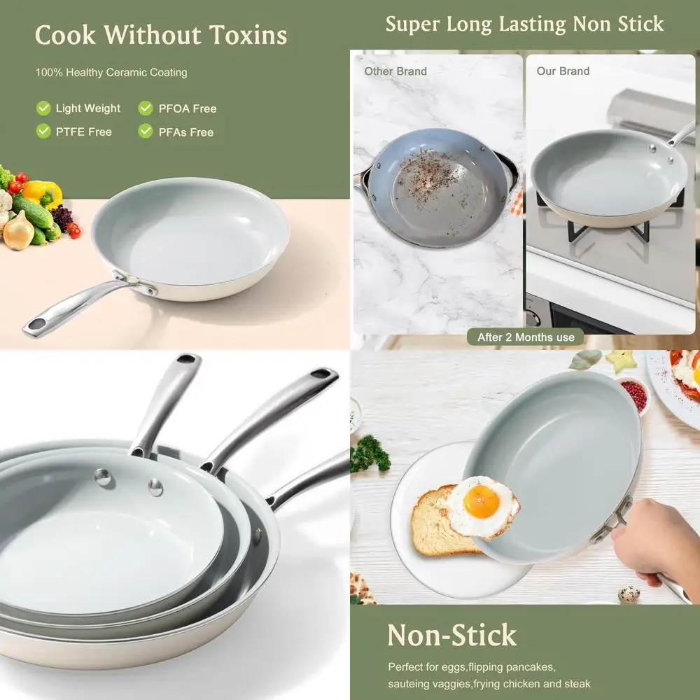 

3-Piece Ceramic Nonstick Cookware Set: 8, 9.5, 11 Healthy Frying Pans - PTFE, PFOA, PFAS-Free