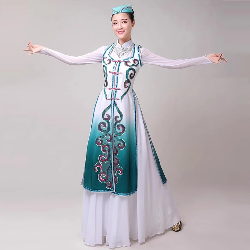 Woman Chinese National Dance Dress Mongolian Dance Costume Lady Vintage Tibetan Stage Performance Clothing Hmong Minority Dress