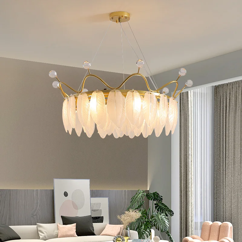 American Minimalist Living Room Dining Table Pendant Light Hotel Bedroom Crown Feather Crystal Pendant Lamp